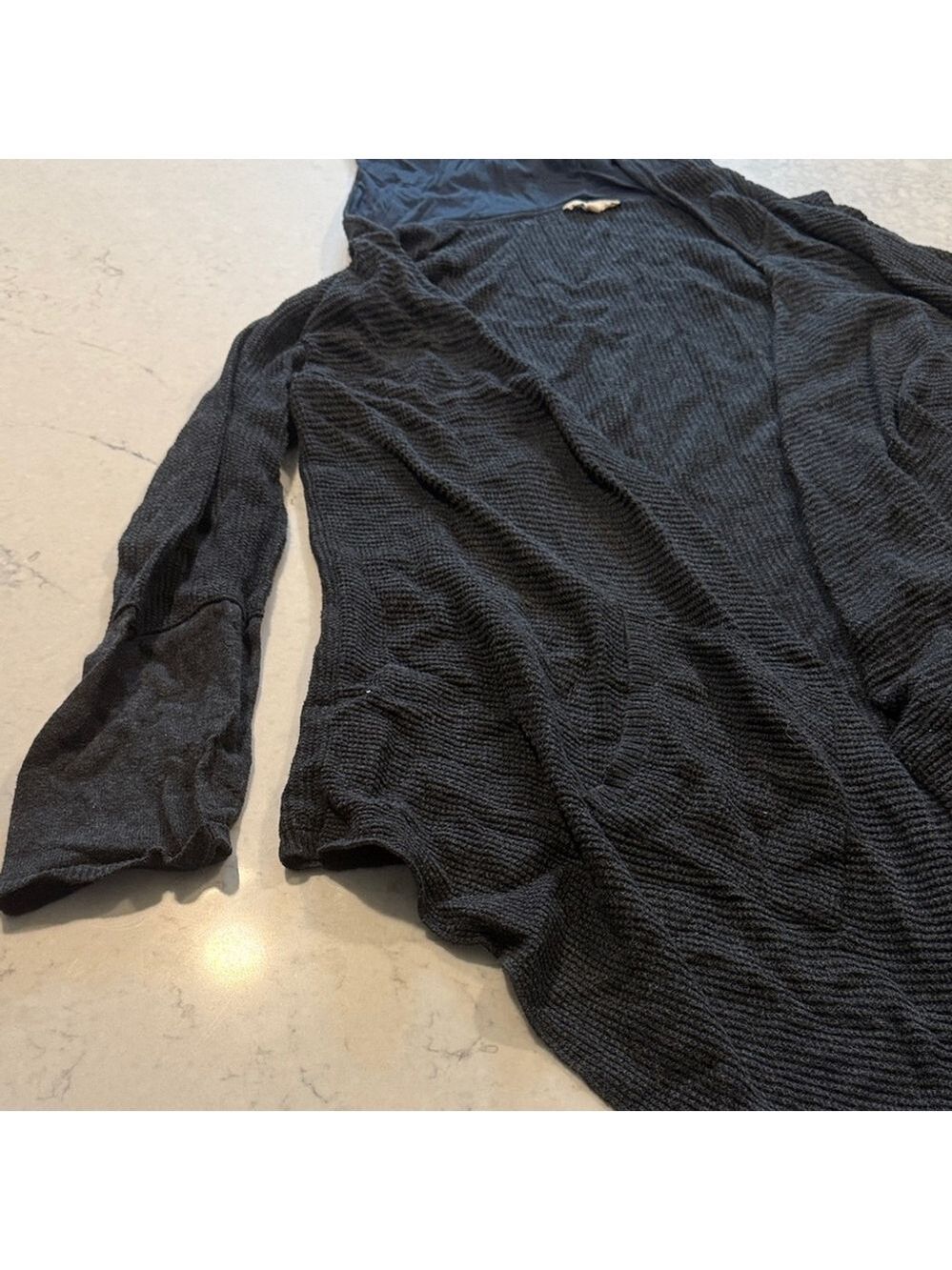 Eileen Fisher Black Waffle Knit Hooded Cardigan Large - Picture 2 of 12